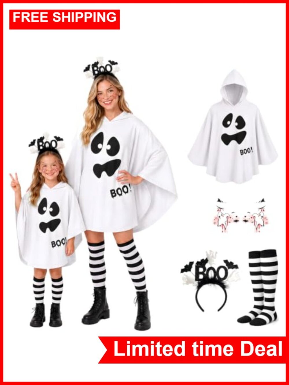 Adult Ghost Costume Set Hooded Cloak Striped Knee High Socks Headband